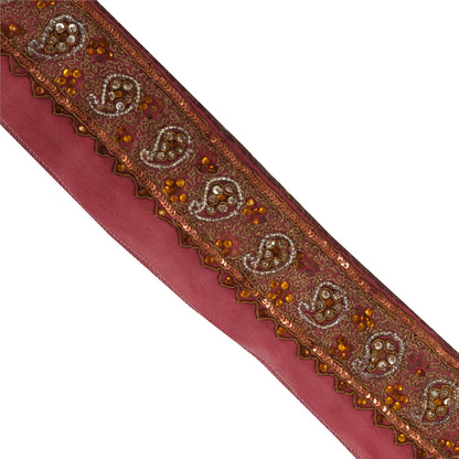Sanskriti Vintage Sari Border Hand Beaded Craft Trims Lace 1YD Zari Pink Ribbon