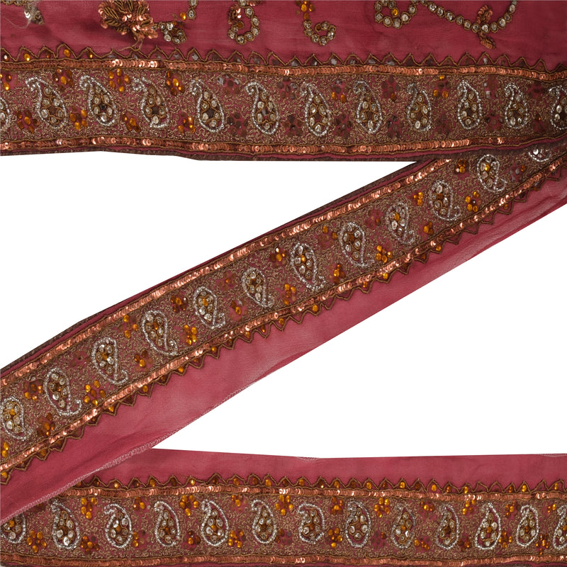 Sanskriti Vintage Sari Border Hand Beaded Craft Trims Lace 1YD Zari Pink Ribbon