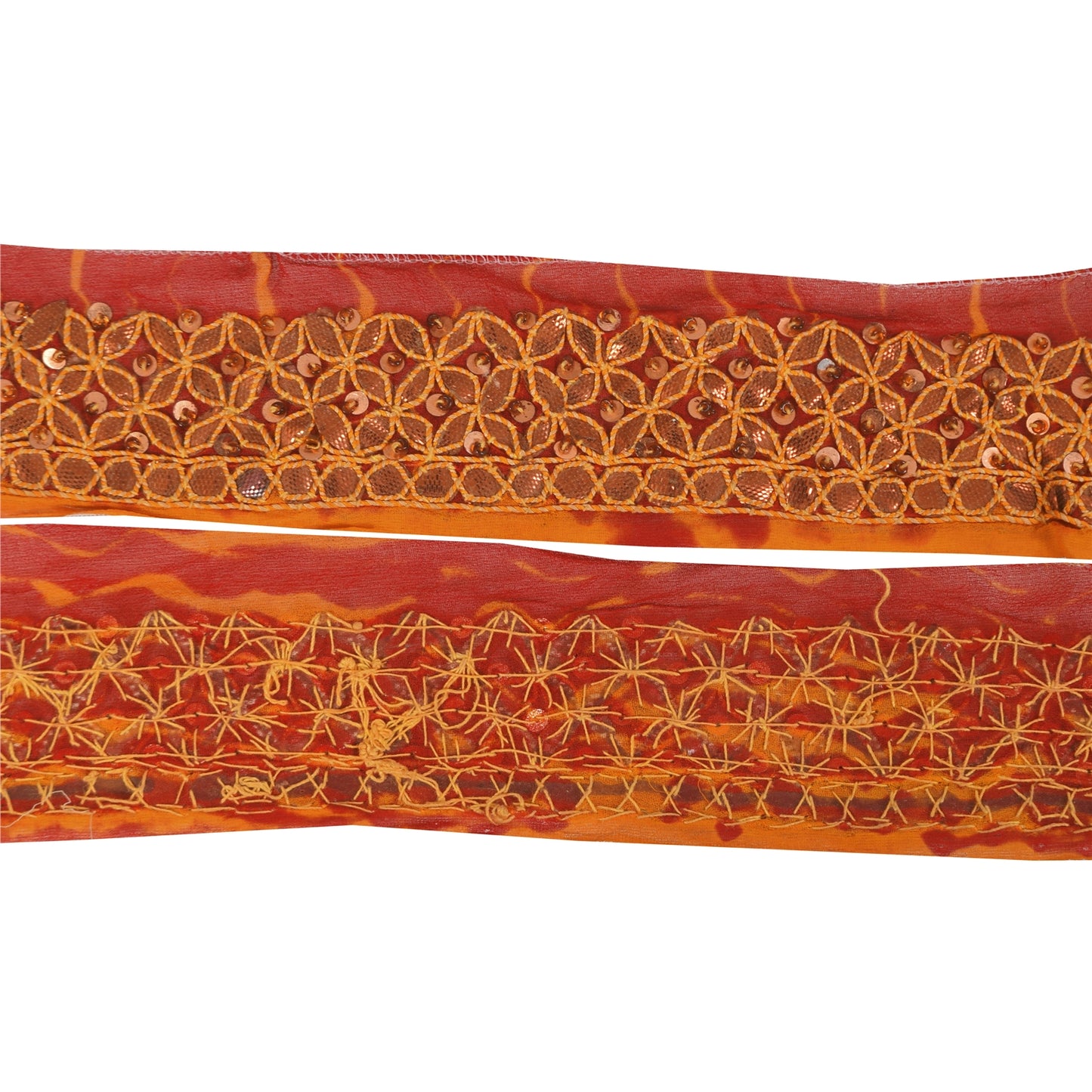 SANSKRITI VINTAGE SARI BORDER HAND BEADED 1YD TRIMS 1.5W RIBBON RED ORANGE