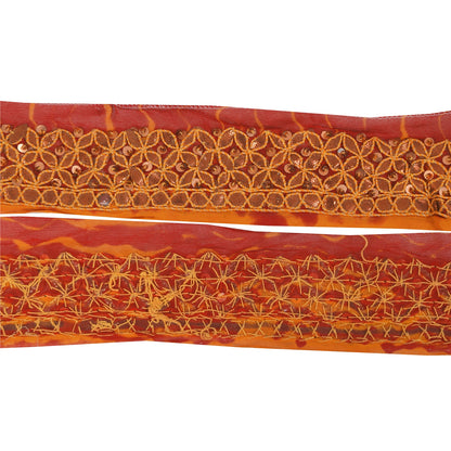 SANSKRITI VINTAGE SARI BORDER HAND BEADED 1YD TRIMS 1.5W RIBBON RED ORANGE