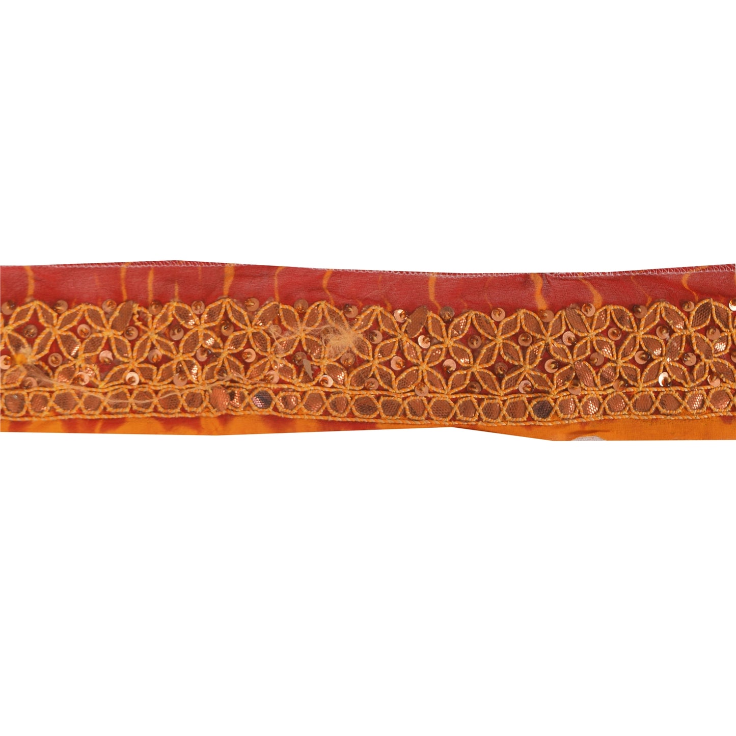 SANSKRITI VINTAGE SARI BORDER HAND BEADED 1YD TRIMS 1.5W RIBBON RED ORANGE