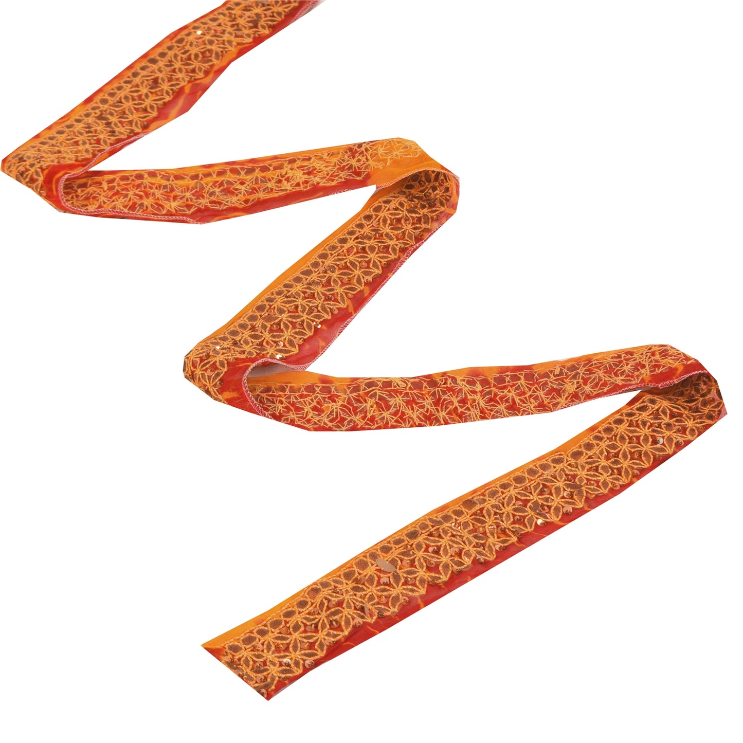 SANSKRITI VINTAGE SARI BORDER HAND BEADED 1YD TRIMS 1.5W RIBBON RED ORANGE