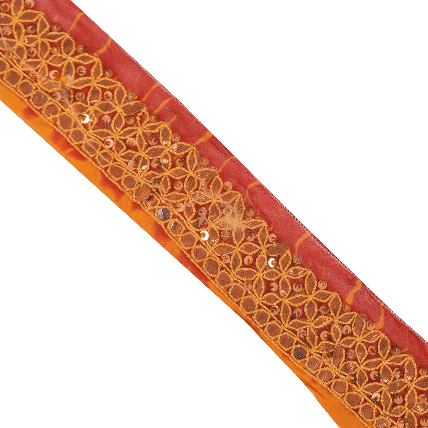 SANSKRITI VINTAGE SARI BORDER HAND BEADED 1YD TRIMS 1.5W RIBBON RED ORANGE