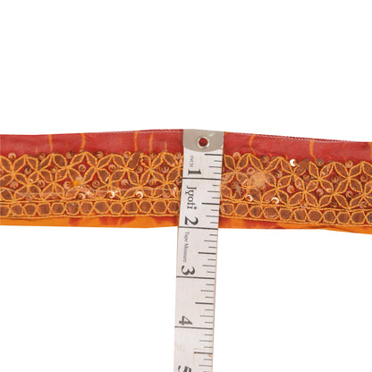 SANSKRITI VINTAGE SARI BORDER HAND BEADED 1YD TRIMS 1.5W RIBBON RED ORANGE
