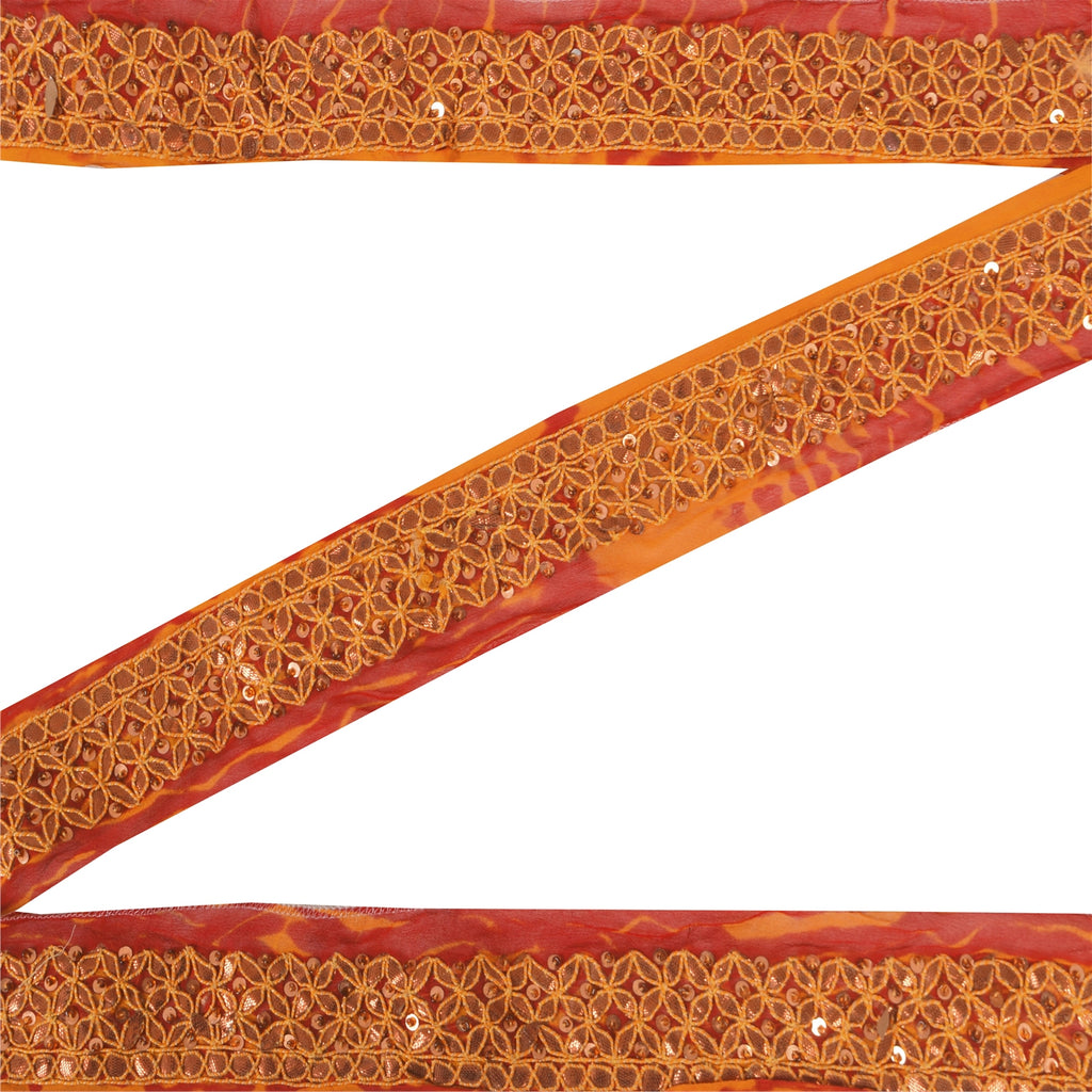 SANSKRITI VINTAGE SARI BORDER HAND BEADED 1YD TRIMS 1.5W RIBBON RED ORANGE