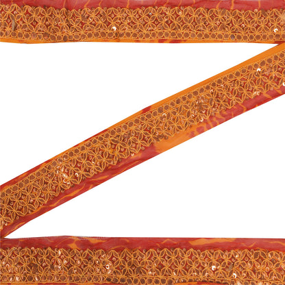 SANSKRITI VINTAGE SARI BORDER HAND BEADED 1YD TRIMS 1.5W RIBBON RED ORANGE