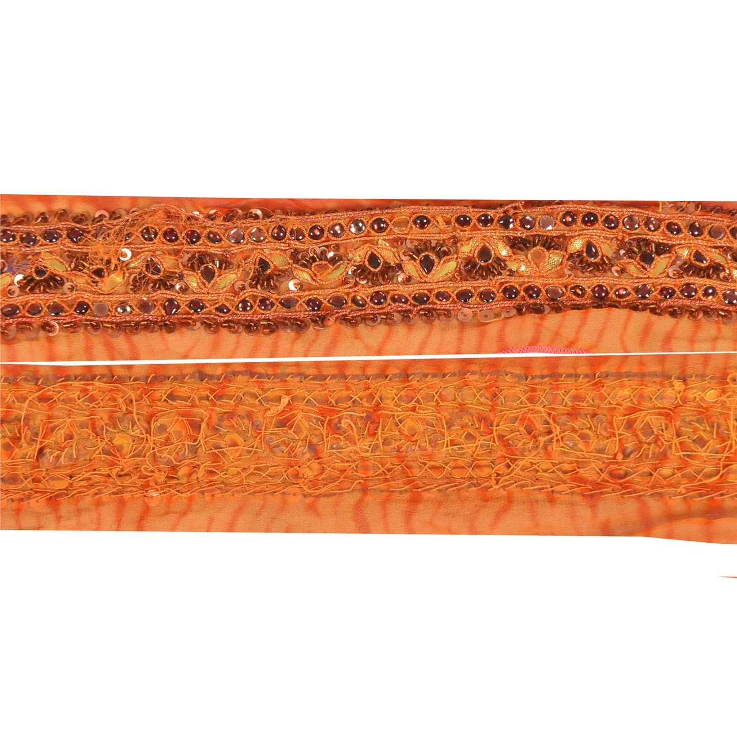 Sanskriti Vintage Sari/Saree Border Hand Beaded Zari 1 YD Trim Orange 3.5W Lace