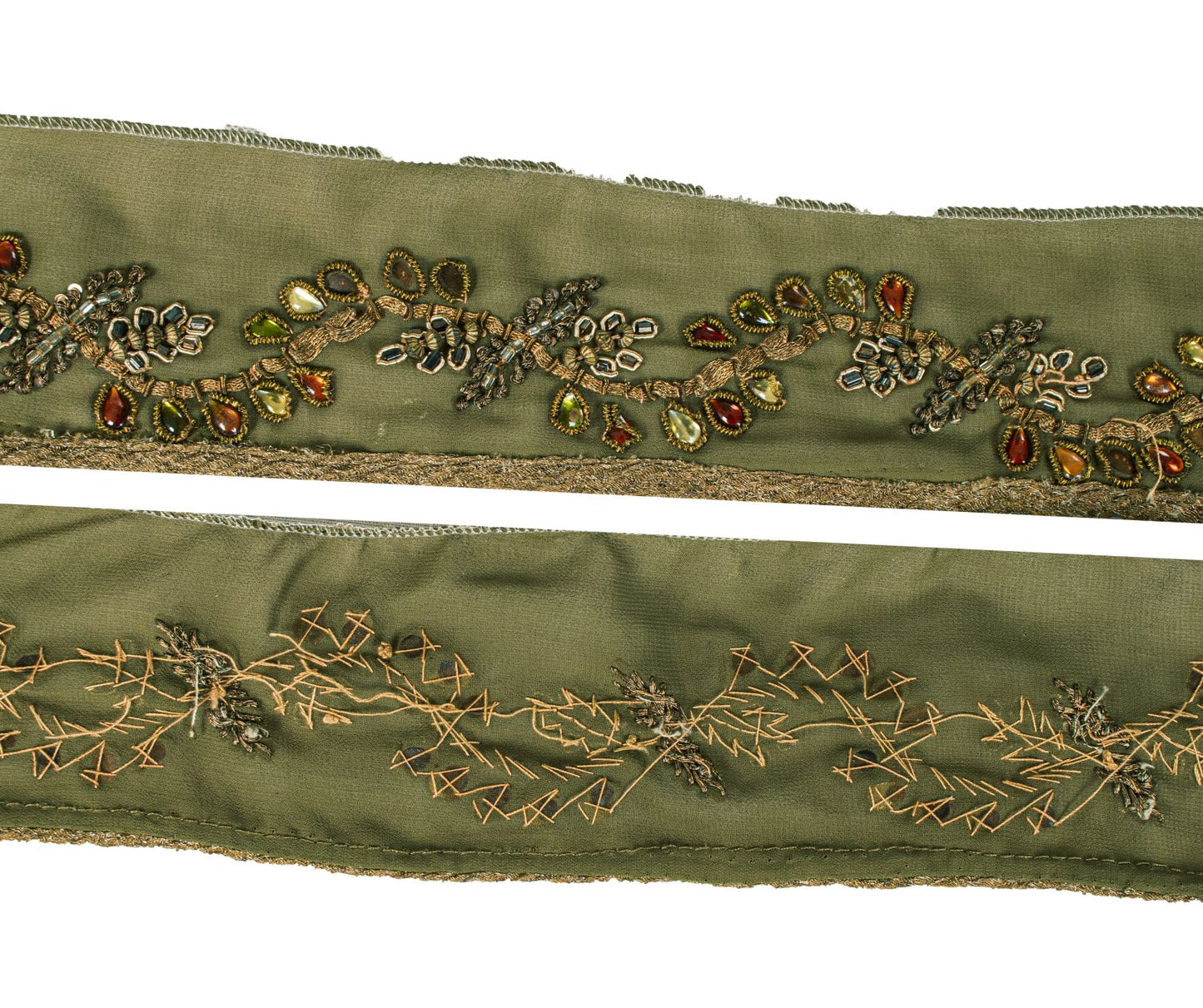Sanskriti Vintage Green Georgette 1 Yard Sari Border Hand Embroidered Trim Lace