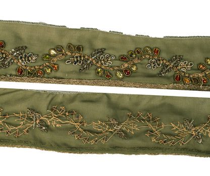 Sanskriti Vintage Green Georgette 1 Yard Sari Border Hand Embroidered Trim Lace