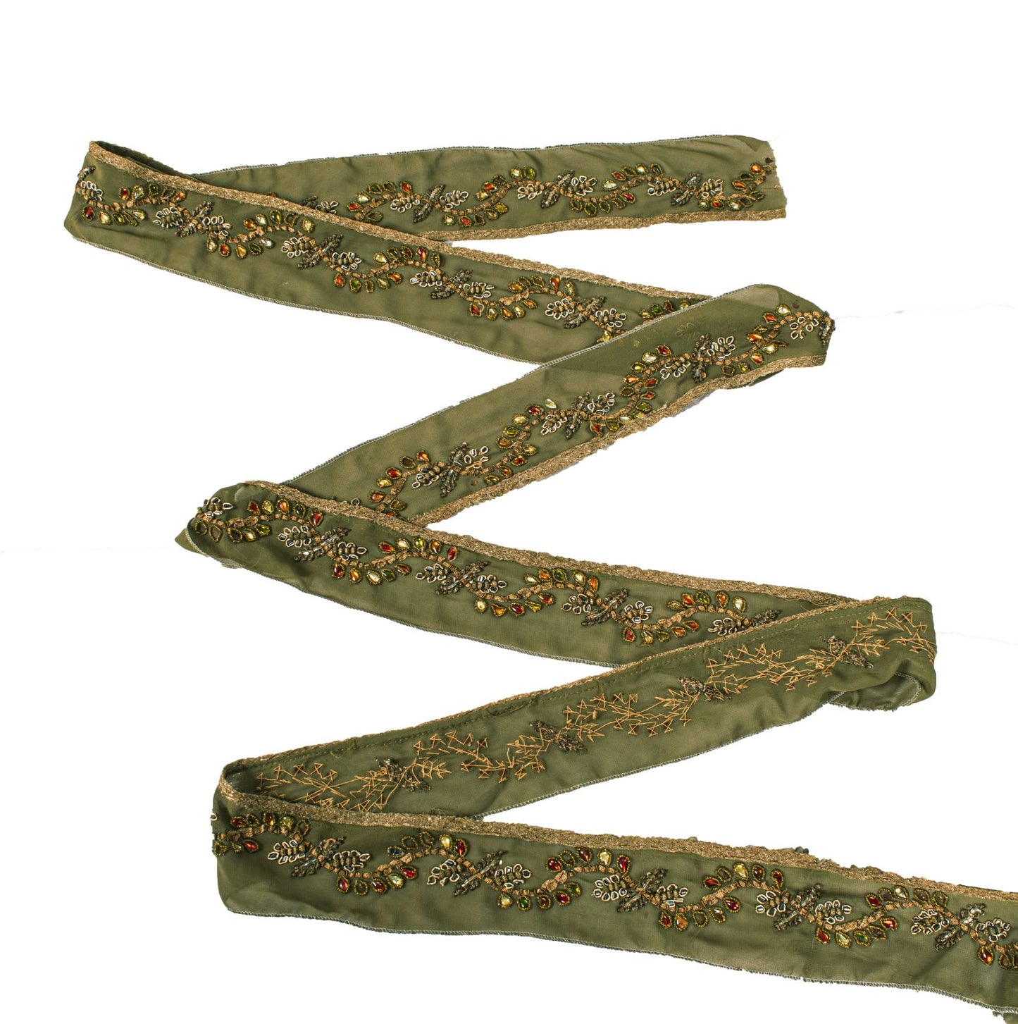 Sanskriti Vintage Green Georgette 1 Yard Sari Border Hand Embroidered Trim Lace