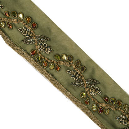 Sanskriti Vintage Green Georgette 1 Yard Sari Border Hand Embroidered Trim Lace