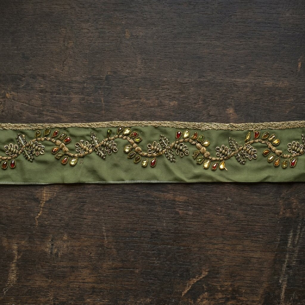 Sanskriti Vintage Green Georgette 1 Yard Sari Border Hand Embroidered Trim Lace