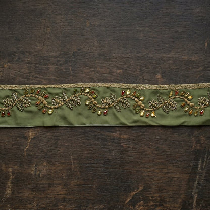Sanskriti Vintage Green Georgette 1 Yard Sari Border Hand Embroidered Trim Lace