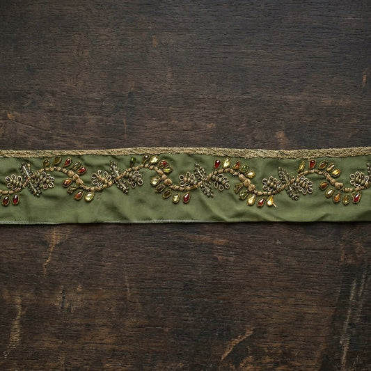 Sanskriti Vintage Green Georgette 1 Yard Sari Border Hand Embroidered Trim Lace