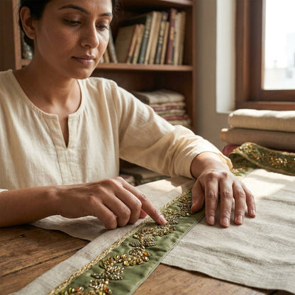 Sanskriti Vintage Green Georgette 1 Yard Sari Border Hand Embroidered Trim Lace