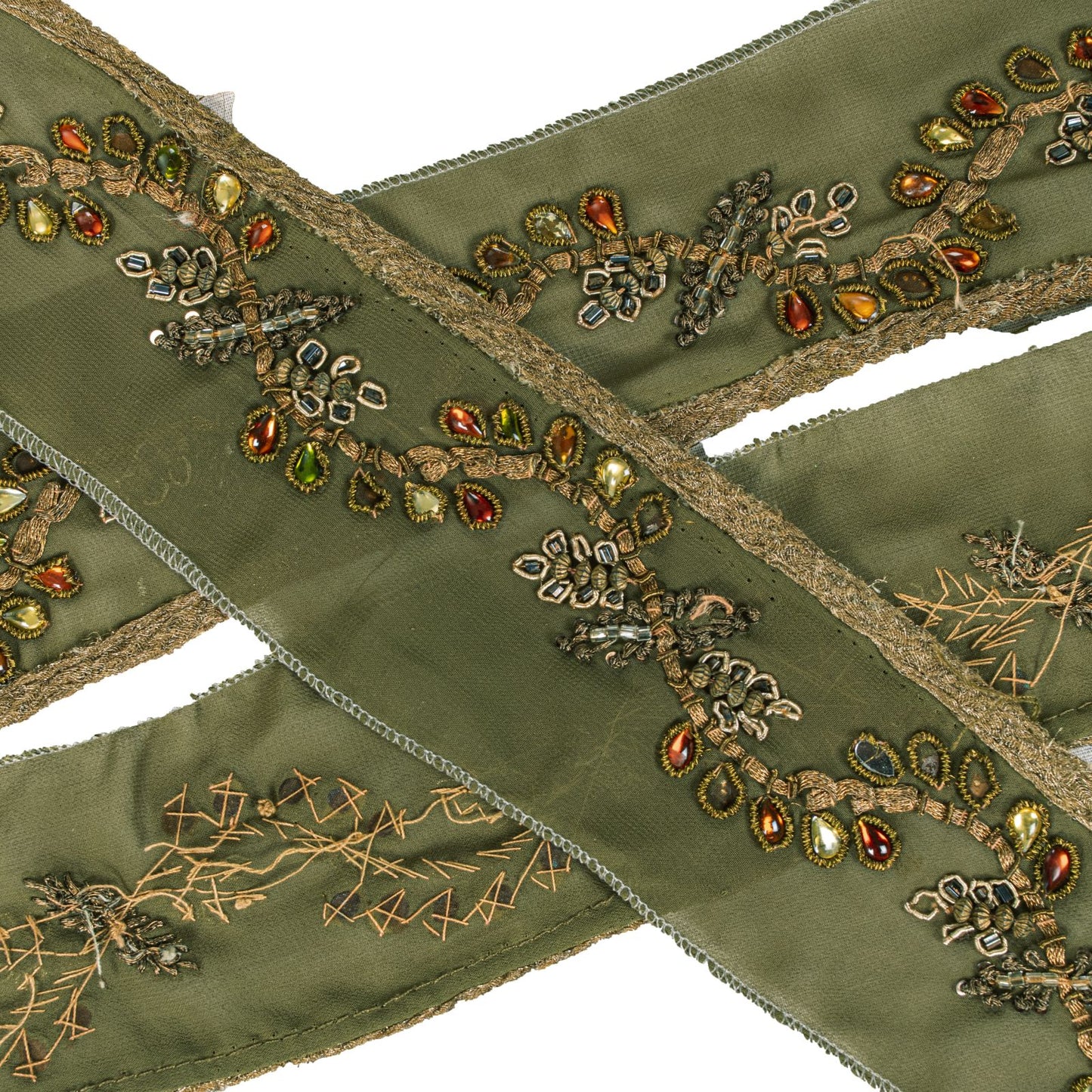 Sanskriti Vintage Green Georgette 1 Yard Sari Border Hand Embroidered Trim Lace