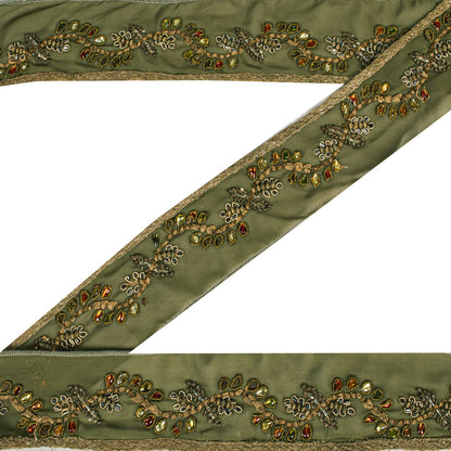 Sanskriti Vintage Green Georgette 1 Yard Sari Border Hand Embroidered Trim Lace