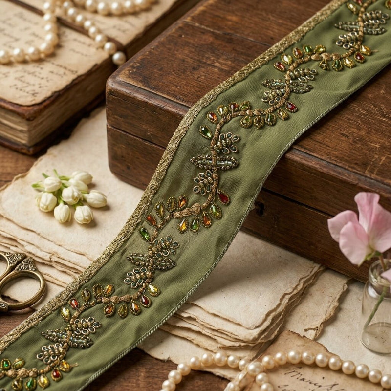 Sanskriti Vintage Green Georgette 1 Yard Sari Border Hand Embroidered Trim Lace