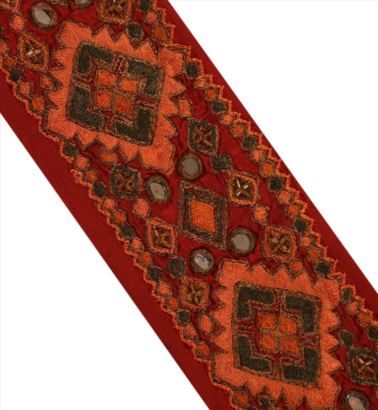 SANSKRITI VINTAGE SARI BORDER HAND BEADED CRAFT 1 YD TRIMS LACE 2.5W MAROON