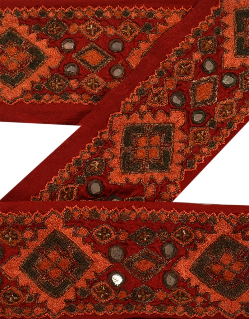 SANSKRITI VINTAGE SARI BORDER HAND BEADED CRAFT 1 YD TRIMS LACE 2.5W MAROON