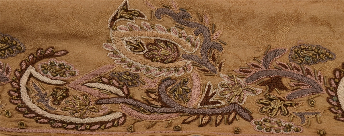 Sanskriti VINTAGE SARI BORDER HAND BEADED 1 YD TRIMS LACE 6W PURE SILK BROWN