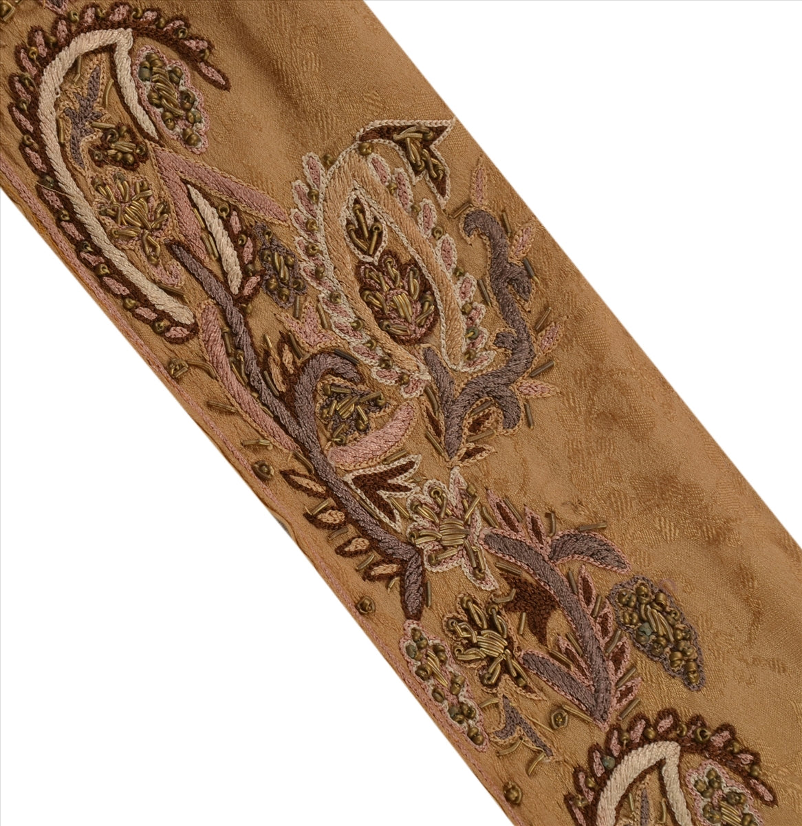 Sanskriti VINTAGE SARI BORDER HAND BEADED 1 YD TRIMS LACE 6W PURE SILK BROWN