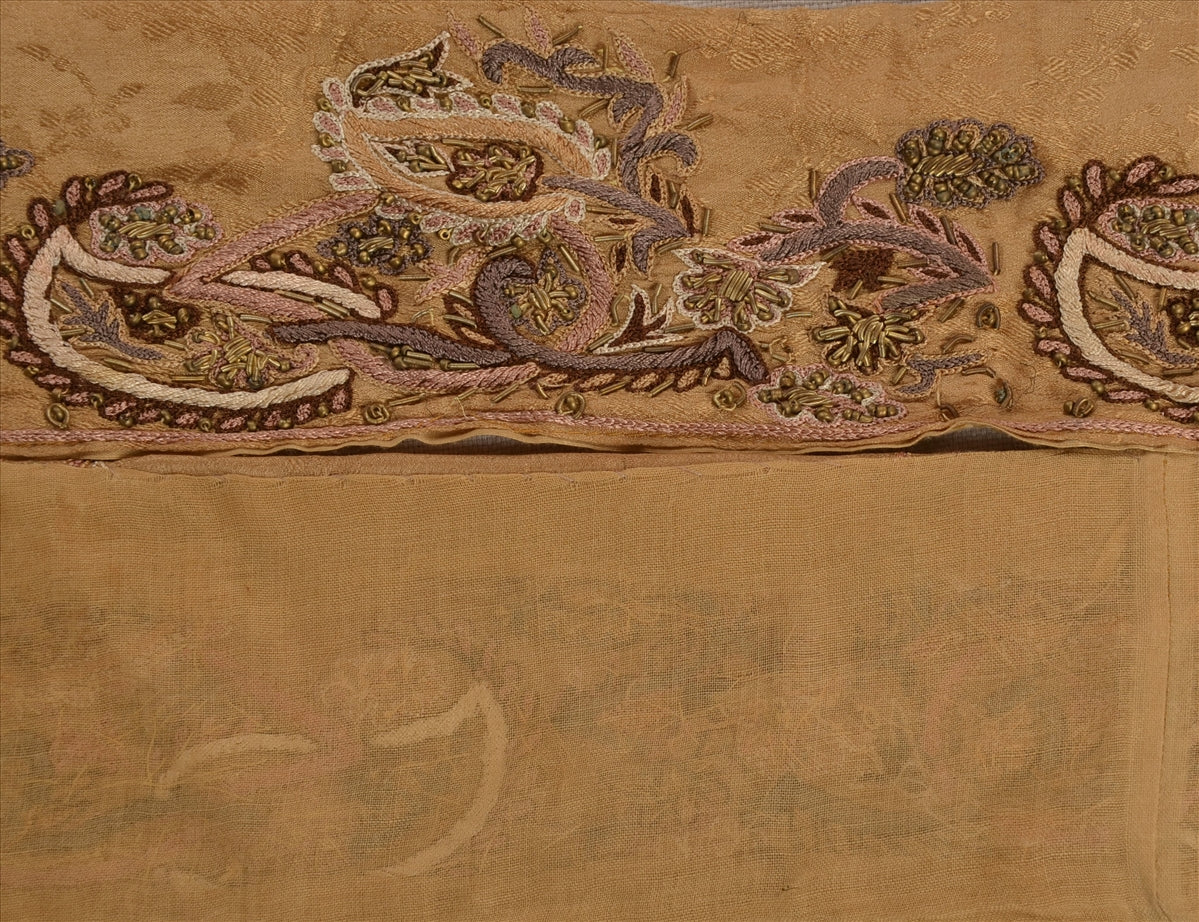 Sanskriti VINTAGE SARI BORDER HAND BEADED 1 YD TRIMS LACE 6W PURE SILK BROWN