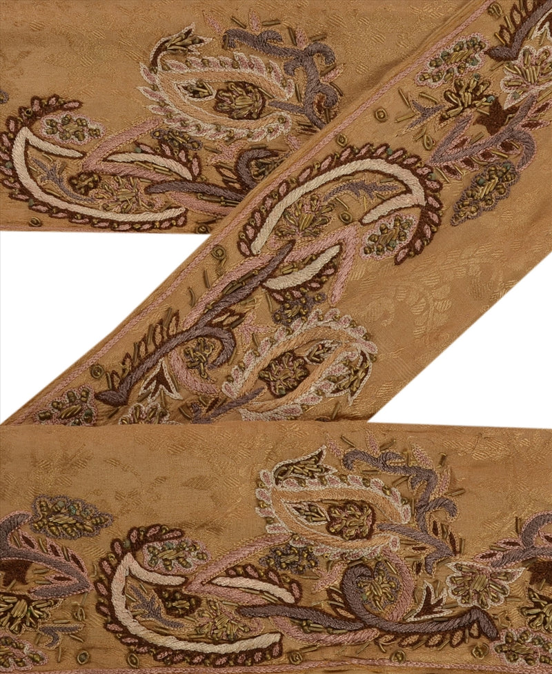 Sanskriti Vintage Saree Border Brown Hand Beaded Zardozi 1 Yd Saree Trims 6W Pure Silk 6W Sari Lace upholstery fabric