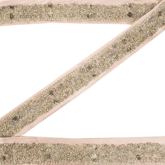 Sanskriti VINTAGE SARI BORDER HAND BEADED DECOR 1 YD  TRIMS 1.5W RIBBON BROWN