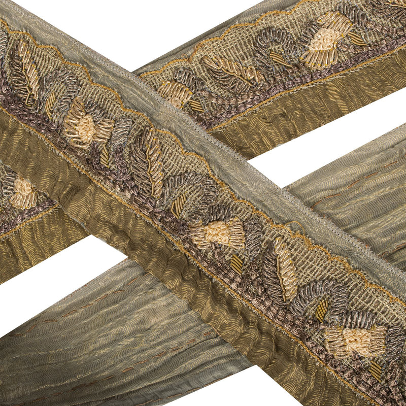 Sanskriti Vintage 1Yard 2.7"W Sari Border Green Pure Tissue Hand Embroidery Lace
