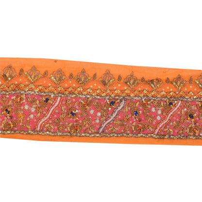 SANSKRITI VINTAGE SARI BORDER HAND BEADED CRAFT 1 YD  TRIMS LACE 3W ORANGE PINK