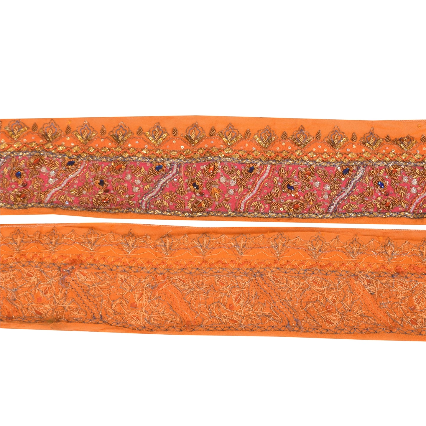 SANSKRITI VINTAGE SARI BORDER HAND BEADED CRAFT 1 YD  TRIMS LACE 3W ORANGE PINK