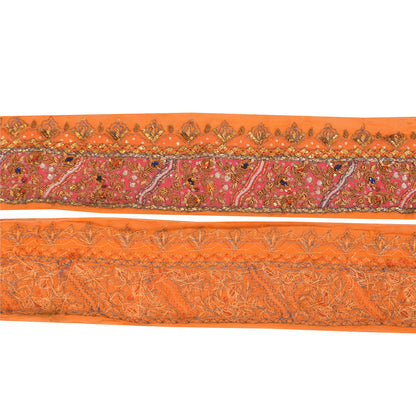SANSKRITI VINTAGE SARI BORDER HAND BEADED CRAFT 1 YD  TRIMS LACE 3W ORANGE PINK