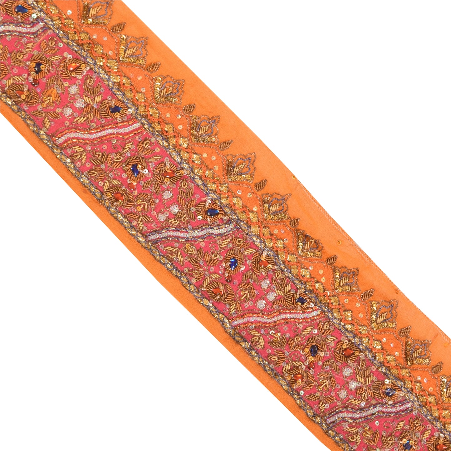 SANSKRITI VINTAGE SARI BORDER HAND BEADED CRAFT 1 YD  TRIMS LACE 3W ORANGE PINK