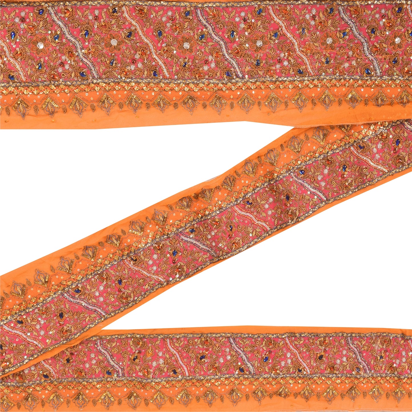 SANSKRITI VINTAGE SARI BORDER HAND BEADED CRAFT 1 YD  TRIMS LACE 3W ORANGE PINK