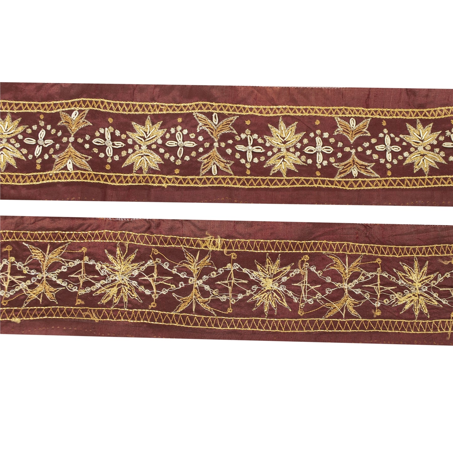 Sanskriti Vintage Sari Border Hand Beaded Craft 1 YD Zardozi Dark Red Trims Lace