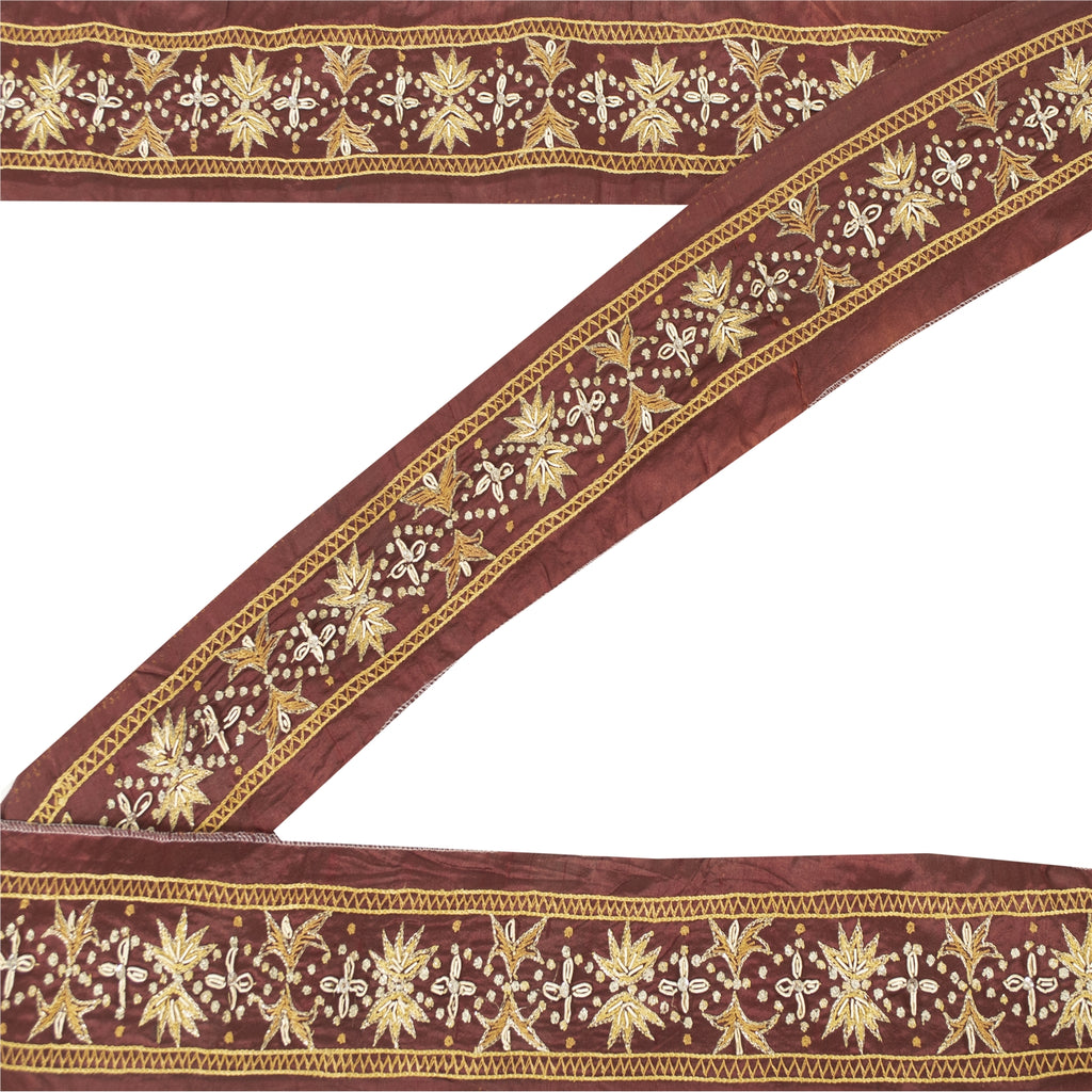 Sanskriti Vintage Sari Border Hand Beaded Craft 1 YD Zardozi Dark Red Trims Lace