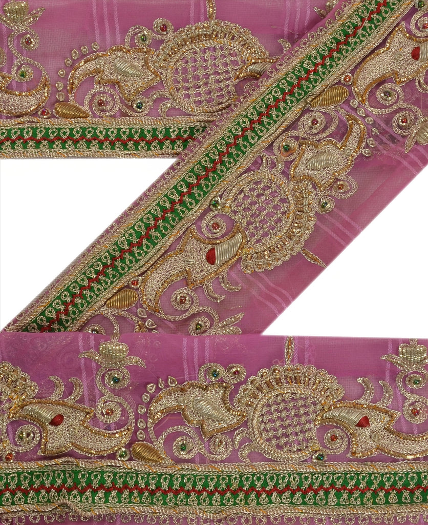 Sanskriti Vintage Sari Border Hand Beaded Craft Patch Work Trims Lace 1 Yd Pink