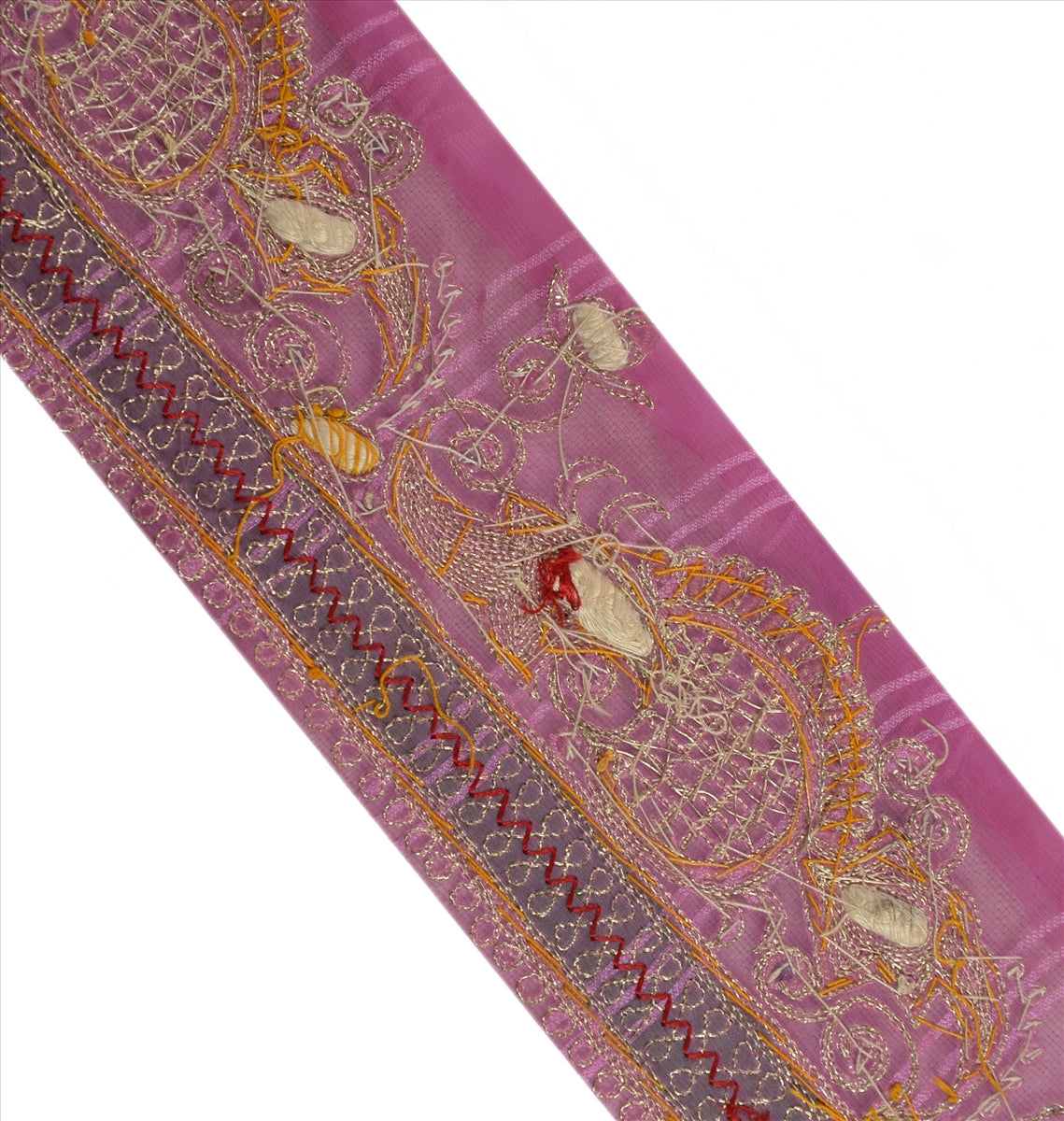 Sanskriti Vintage Sari Border Hand Beaded Craft Patch Work Trims Lace 1 Yd Pink