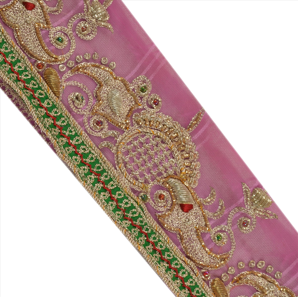 Sanskriti Vintage Sari Border Hand Beaded Craft Patch Work Trims Lace 1 Yd Pink