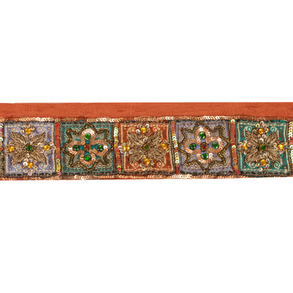 Sanskriti Vintage Sari/Saree Border Hand Beaded Zardozi 1 YD Trim Orange 2W Lace