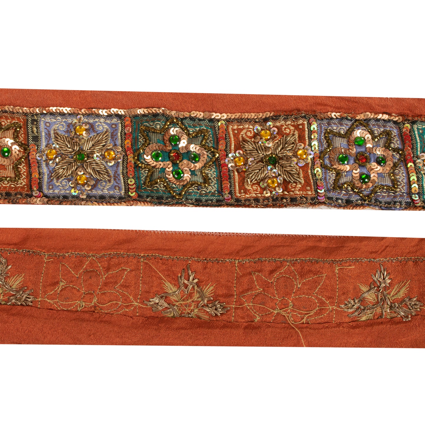 Sanskriti Vintage Sari/Saree Border Hand Beaded Zardozi 1 YD Trim Orange 2W Lace