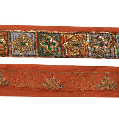 Sanskriti Vintage Sari/Saree Border Hand Beaded Zardozi 1 YD Trim Orange 2W Lace