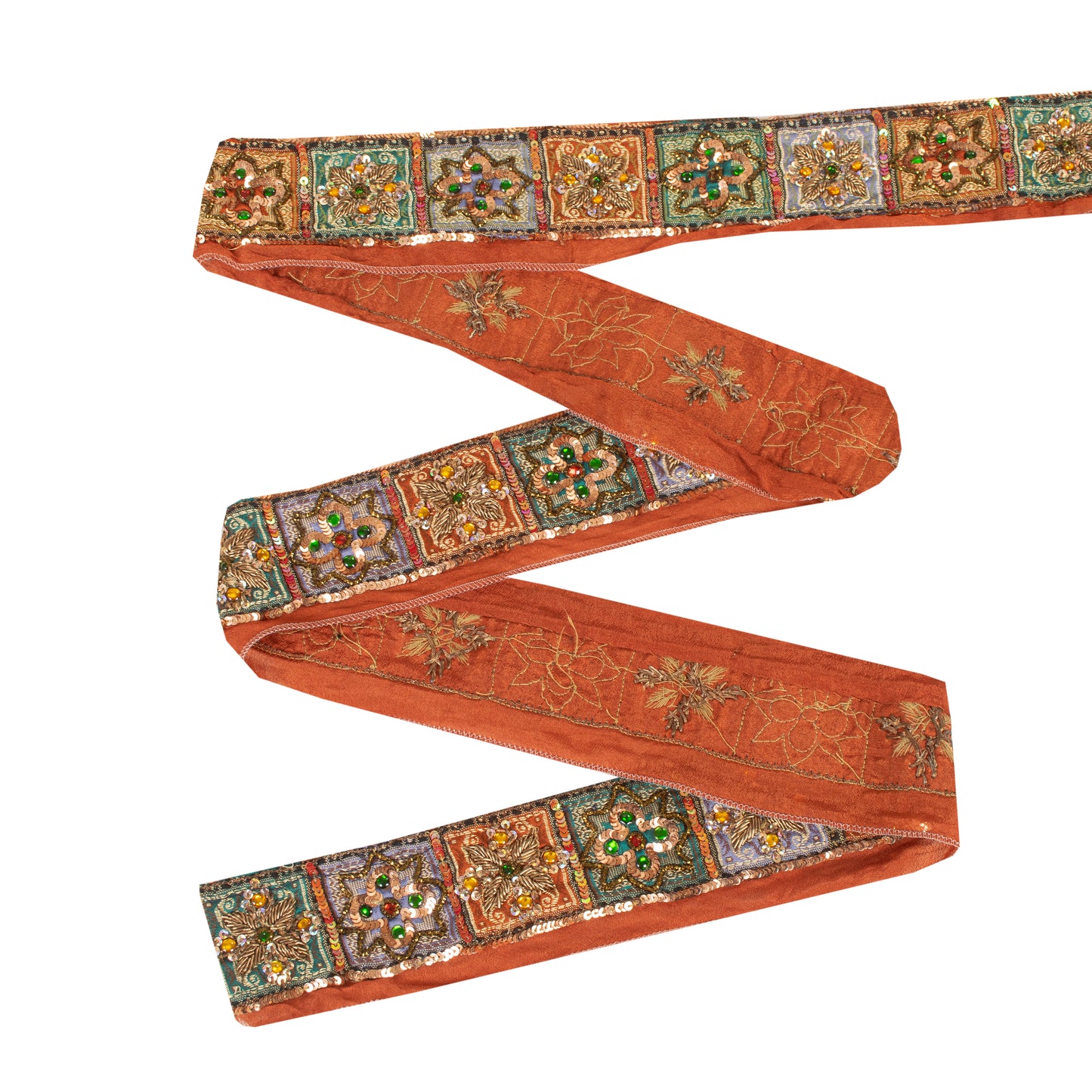 Sanskriti Vintage Sari/Saree Border Hand Beaded Zardozi 1 YD Trim Orange 2W Lace