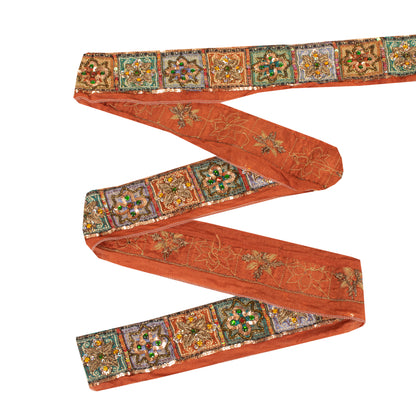 Sanskriti Vintage Sari/Saree Border Hand Beaded Zardozi 1 YD Trim Orange 2W Lace