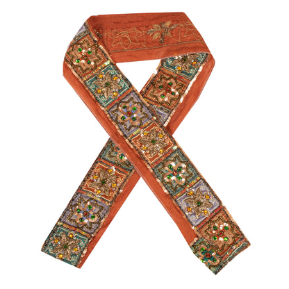 Sanskriti Vintage Sari/Saree Border Hand Beaded Zardozi 1 YD Trim Orange 2W Lace