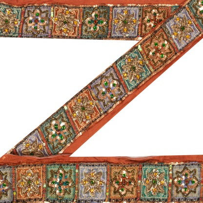 Sanskriti Vintage Sari/Saree Border Hand Beaded Zardozi 1 YD Trim Orange 2W Lace