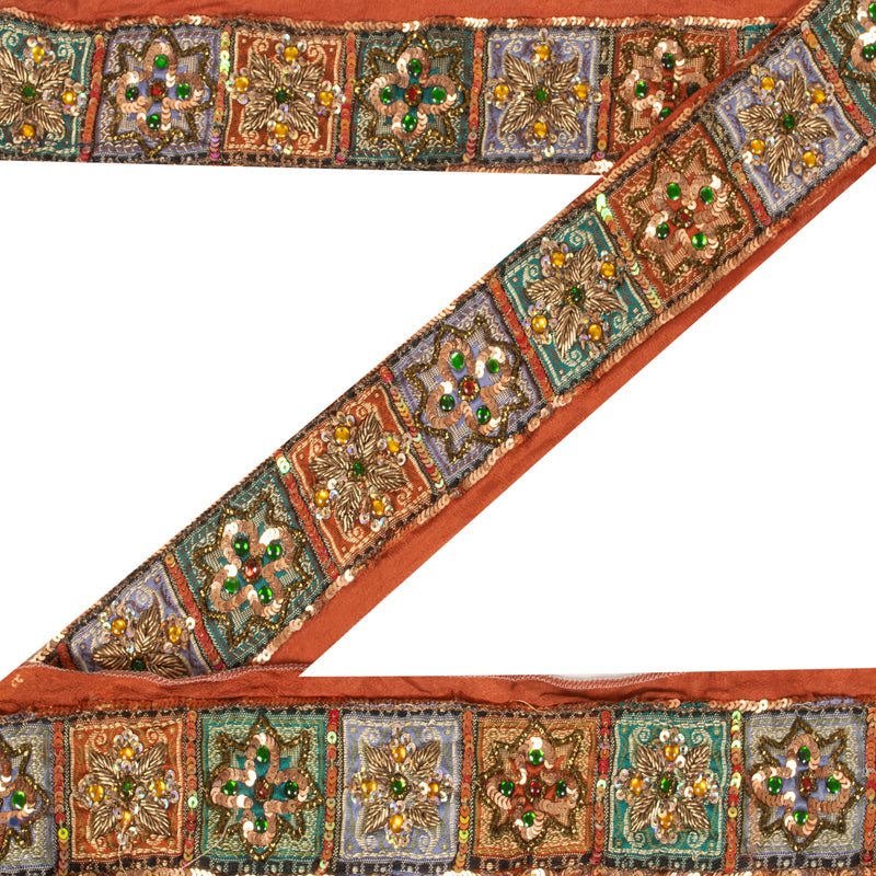 Sanskriti Vintage Sari/Saree Border Hand Beaded Zardozi 1 YD Trim Orange 2W Lace