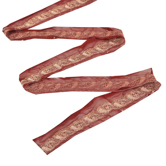 SANSKRITI VINTAGE SARI BORDER HAND BEADED 1 YD TRIMS DECOR 1.5'W RIBBRON MAROON