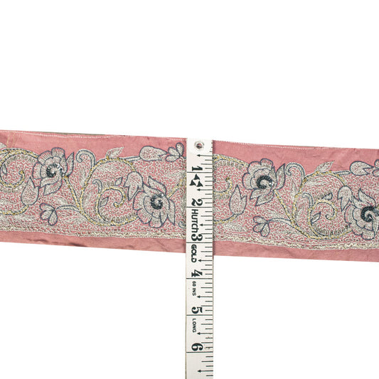 Sanskriti Vintage 1 Yard 3.2"W Sari Border Pink Pure Crepe Embroidery Craft Lace